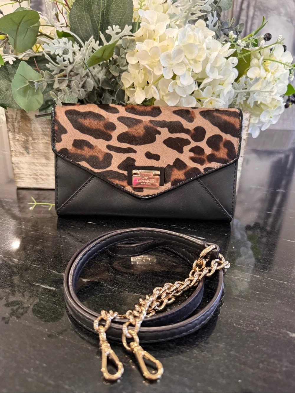 Kate Spade Leopard Calf Hair Wallet On Chain Crossbody Clutch Black